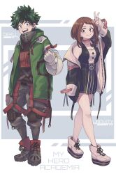 Rule 34 | 1boy, 1girl, :d, adapted costume, arm at side, arm up, baggy pants, belt, belt bag, black shirt, blush stickers, bob cut, boku no hero academia, breasts, brown eyes, brown hair, buckle, casual, character name, cleavage, clenched hand, closed mouth, clothes writing, clothing request, collar, collarbone, commentary, copyright name, cross-laced footwear, curly hair, cyberpunk, drawstring, fashion, fingerless gloves, freckles, full body, gloves, green eyes, green hair, green jacket, grey footwear, grey pants, happy, heel up, high collar, highres, hood, hood down, hooded jacket, jacket, knee pads, layered shirt, long sleeves, looking at viewer, medium hair, midoriya izuku, nakamu 405, off shoulder, open clothes, open jacket, open mouth, pac-man eyes, pale skin, pants, pink collar, platform footwear, raised eyebrows, red belt, shirt, short eyebrows, short hair, sidelocks, sideways glance, single bare shoulder, sleeveless, small breasts, smile, snap-fit buckle, standing, swept bangs, symbol-only commentary, tank top, uraraka ochako, v, white background, white gloves, white sleeves, x, zipper, zipper pull tab