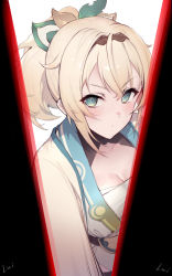 Rule 34 | 1girl, blonde hair, blue eyes, blush, breasts, chest sarashi, closed mouth, commentary request, hair ribbon, haoni, haori, highres, hololive, japanese clothes, kazama iroha, looking at viewer, ponytail, ribbon, sarashi, short hair, sidelocks, simple background, solo, upper body, v-shaped eyebrows, virtual youtuber