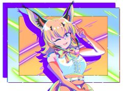 Rule 34 | 1girl, absurdres, caracal (kemono friends), caracal ears, highres, kemono friends, kemono friends v project, long hair, looking at viewer, orange hair, simple background, solo, tutti tutio, virtual youtuber
