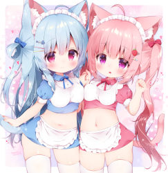 Rule 34 | 2girls, ahoge, animal ear fluff, animal ears, apron, arm up, asymmetrical docking, blue hair, blue shirt, blue skirt, blush, breast press, breasts, cat ears, cat tail, clenched hand, crop top, fang, food-themed hair ornament, hair ornament, hairclip, holding hands, heart, highres, long hair, looking at viewer, maid, maid headdress, medium breasts, midriff, miniskirt, momozu komamochi, multiple girls, navel, open mouth, original, pink background, pink eyes, pink hair, pink shirt, pink skirt, red eyes, ribbon, shirt, simple background, skirt, smile, tail, thighhighs, thighs, twintails, two side up, waist apron, white apron, white legwear, white shirt, zettai ryouiki