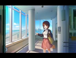 Rule 34 | 10s, 1girl, bag, blue jacket, brown eyes, brown hair, carrying, casual, cloud, cloudy sky, commentary request, day, girls und panzer, halterneck, handbag, icomochi, indoors, jacket, letterboxed, long sleeves, medium skirt, nishizumi miho, open mouth, pink skirt, pointing, ribbed shirt, shirt, short hair, skirt, sky, smile, solo, standing, white shirt, window