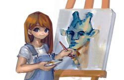 Rule 34 | 1girl, art brush, blouse, blue eyes, blue overalls, brown hair, closed mouth, collarbone, commentary, english commentary, giraffe, hands up, highres, holding, long hair, looking at viewer, meltted, meme, original, overalls, paintbrush, palette (object), realistic, shirt, short sleeves, simple background, sketch, smile, solo, tagme, upper body, white background, white shirt