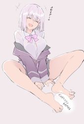 Rule 34 | 1girl, ^ ^, bad id, bad pixiv id, barefoot, bow, breasts, button gap, closed eyes, collared shirt, feet, full body, grey background, gridman universe, hair between eyes, head tilt, jacket, large breasts, laughing, light purple hair, long sleeves, mobu, off shoulder, open mouth, purple bow, purple jacket, purple neckwear, shinjou akane, shirt, simple background, sleeves past wrists, smile, solo, ssss.gridman, thighs, white shirt