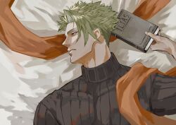 Rule 34 | 1boy, absurdres, achilles (fate), black shirt, book, closed mouth, fate/apocrypha, fate (series), from above, frown, green hair, haruakira, highres, holding, holding book, looking to the side, lying, male focus, mature male, on back, orange sash, ribbed shirt, shirt, solo, the iliad (poem), undercut, upper body