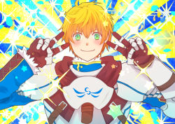 Rule 34 | 1boy, ahoge, armor, arthur pendragon (fate), black gloves, blonde hair, blue background, blue eyes, blush, breastplate, closed mouth, double v, elle62145, emotional engine - full drive, fate/grand order, fate/prototype, fate (series), gauntlets, gloves, green eyes, hair between eyes, hands up, hood, hood down, looking at viewer, male focus, parody, pauldrons, short hair, shoulder armor, smile, solo, sparkle, sunburst, sunburst background, v, yellow background