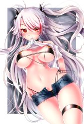 Rule 34 | 1girl, anchor symbol, azur lane, bare shoulders, bikini, black bikini, blush, border, breasts, clothes in mouth, clothes pull, denim, denim shorts, eyes visible through hair, flag print, german flag bikini, hair between eyes, highleg, highleg bikini, highres, large breasts, light particles, long hair, looking at viewer, mole, mole on breast, mouth hold, multicolored hair, navel, off shoulder, open fly, outside border, prinz eugen (azur lane), prinz eugen (unfading smile) (azur lane), red hair, shirt, shirt in mouth, shirt pull, short shorts, shorts, side-tie bikini bottom, sideboob, sidelocks, silver hair, smile, solo, stomach, streaked hair, swimsuit, thigh strap, thighs, touwa iyo, two side up, very long hair, white shirt