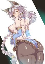 Rule 34 | 10s, 1girl, animal ears, ass, back, backless outfit, braid, breasts, elbow gloves, erune, gloves, granblue fantasy, hair tubes, heles, highres, huge breasts, looking at viewer, pantyhose, sideboob, silver hair, single braid, smile, solo, tail, wakura (gcdan)