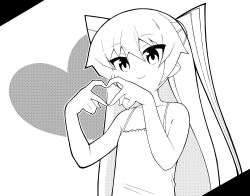 Rule 34 | 1girl, amatsukaze (kancolle), ataru (ataru-littlebird), camisole, collarbone, commentary, flat chest, greyscale, heart, heart hands, kantai collection, long hair, looking at viewer, monochrome, solo, symbol-only commentary, two side up, upper body