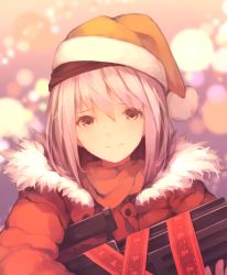 Rule 34 | 1girl, assault rifle, brown eyes, bullpup, caseless firearm, christmas, closed mouth, fur trim, g11 (girls&#039; frontline), girls&#039; frontline, gun, h&amp;k g11, hair between eyes, hat, highres, holding, holding gun, holding weapon, horizontal magazine, long sleeves, looking at viewer, personification, pink hair, prototype design, red ribbon, red theme, ribbon, rifle, santa hat, smile, solo, suginakara (user ehfp8355, upper body, weapon