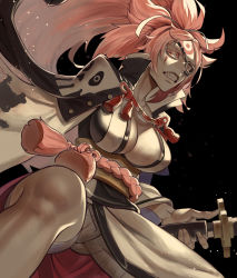 Rule 34 | 1girl, amputee, baiken, big hair, breasts, cleavage, eyepatch, facial tattoo, guilty gear, guilty gear strive, highres, japanese clothes, katana, kimono, large breasts, long hair, one-eyed, open clothes, open kimono, pink hair, ponytail, sash, scar, scar across eye, scar on face, simple background, solo, sword, tattoo, udakyo, weapon