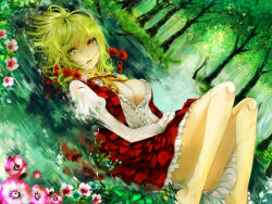 Rule 34 | 1girl, apt, bare legs, barefoot, blonde hair, breasts, checkered clothes, checkered skirt, cleavage, convenient leg, dutch angle, face, female focus, flood, flower, forest, grass, green hair, kazami yuuka, lips, long sleeves, lying, medium breasts, nature, no bra, on back, open clothes, open shirt, rain, river, shirt, skirt, skirt set, solo, stream, touhou, tree, vest, water, wet, wet clothes, yellow eyes
