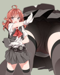 Rule 34 | &gt;:o, 10s, 1girl, :o, ahoge, arashi (kancolle), armpit peek, blouse, commentary request, from below, gloves, grey thighhighs, henshin pose, highres, kantai collection, kerchief, looking at viewer, md5 mismatch, messy hair, mtu (orewamuzituda), multiple views, open mouth, panties, pantyshot, pink panties, pleated skirt, red hair, school uniform, searchlight, serafuku, shirt, simple background, skirt, thighhighs, underwear, upskirt, v-shaped eyebrows, vest, white gloves