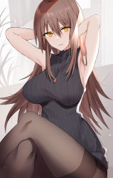 Rule 34 | 1girl, absurdres, armpits, arms behind head, arms up, bare arms, bare shoulders, black sweater, breasts, brown hair, brown pantyhose, crossed legs, dress, highres, huge filesize, jewelry, kinona, large breasts, long hair, looking at viewer, necklace, orange eyes, original, pantyhose, parted lips, ribbed sweater, sitting, sleeveless, sleeveless sweater, solo, sweater, sweater dress, thighband pantyhose
