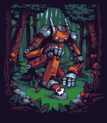 Rule 34 | cat, commentary, day, english commentary, forest, grass, humanoid robot, kneeling, leaf, looking at another, mushroom, nature, no humans, on one knee, original, outdoors, pixel art, plant, robot, rock, scenery, tree, white cat, zjdelicious