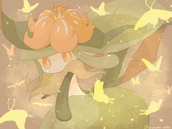 Rule 34 | 1girl, artist name, bright pupils, brown background, bug, butterfly, colored skin, creatures (company), crown, female focus, flat chest, flower, from side, game freak, gen 5 pokemon, green hair, hair flower, hair ornament, highres, insect, lemonade kokoi, light particles, lilligant, long hair, looking back, mini crown, monster girl, nintendo, plant girl, plant hair, pokemon, pokemon (creature), red eyes, red flower, sidelocks, signature, silhouette, simple background, solo, standing, tilted headwear, twitter username, upper body, white pupils, white skin, yellow headwear