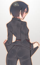 Rule 34 | 1girl, ass, belt, black eyes, black hair, breasts, clothes lift, cowboy shot, em (totsuzen no hakike), gradient background, kino (kino no tabi), kino no tabi, looking at viewer, looking back, outline, shirt lift, simple background, small breasts, solo, standing, tomboy