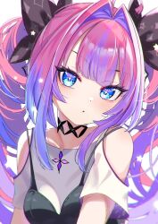 1girl bare_shoulders black_bra blue_eyes bra collarbone highres hololive hololive_dev_is kikirara_vivi komiojisan long_hair multicolored_hair pink_hair purple_hair shirt simple_background solo streaked_hair twintails two-tone_hair underwear upper_body virtual_youtuber white_background white_shirt