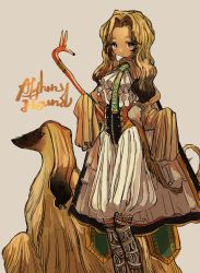 Rule 34 | 1other, afghan hound, androgynous, animal, animal ears, ascot, blonde hair, brown background, brown eyes, brown hair, cane, cape, dog, dog ears, dog tail, feet out of frame, gradient hair, highres, holding, holding cane, ascot, juliet sleeves, light brown background, long sleeves, looking at viewer, multicolored hair, original, personification, puffy pants, puffy sleeves, shima (wansyon144), sleeves past fingers, sleeves past wrists, smile, solo, tail, two-tone hair