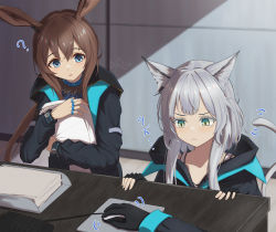 Rule 34 | 1other, 2girls, :3, ?, ambiguous gender, amiya (arknights), animal ears, arknights, ascot, black gloves, black jacket, blue ascot, blue collar, blue eyes, blush, brown hair, cat ears, cat girl, cat tail, collar, desk, fingerless gloves, gloves, green eyes, grey hair, hair between eyes, highres, holding, holding paper, indoors, jacket, jewelry, long hair, long sleeves, material growth, motion lines, mouse (computer), multiple girls, multiple rings, neck ring, oripathy lesion (arknights), out of frame, paper, paper stack, parted lips, rabbit ears, rabbit girl, ring, rosmontis (arknights), shironekoban, slit pupils, tail