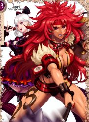 Rule 34 | 2girls, breasts, fighting, highres, large breasts, long hair, mace, multiple girls, nail polish, purple eyes, queen&#039;s blade, red hair, risty (queen&#039;s blade), smile, snow white (queen&#039;s blade), standing, tattoo, weapon, white hair