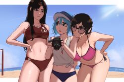 Rule 34 | 3girls, absurdres, artist self-insert, beach, beach volleyball, bikini, black-framed eyewear, black eyes, black hair, blue eyes, blue hair, blue sky, body freckles, breasts, camera, cloud, contrapposto, day, erka (veyonis), fisheye, freckles, glasses, hair ornament, hairclip, half-closed eyes, hand on own hip, hanging breasts, hat, highres, holding, holding camera, horizon, kadence (veyonis), large breasts, leaning forward, long hair, medium breasts, multiple girls, navel, ocean, original, outdoors, parted lips, pink bikini, ponytail, red sports bra, rosen (veyonis), sand, side-tie bikini bottom, sky, smile, sports bra, sportswear, stomach, straight hair, swimsuit, talking, tinted eyewear, toned, veyonis, visor cap, volleyball uniform, water, wet, whistle, whistle around neck