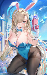 Rule 34 | 1girl, absurdres, animal ears, asuna (blue archive), asuna (bunny) (blue archive), black pantyhose, blue archive, blue bow, blue eyes, blue footwear, blue leotard, blush, bow, breasts, cleavage, detached collar, fake animal ears, gloves, grin, gun, hair over one eye, high heels, highres, holding, holding gun, holding weapon, kita (kitairoha), large breasts, leotard, light brown hair, long hair, looking at viewer, mole, mole on breast, official alternate costume, pantyhose, rabbit ears, signature, smile, solo, strapless, strapless leotard, weapon, white gloves