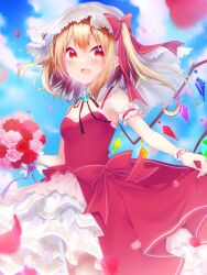 Rule 34 | 1girl, absurdres, alternate costume, blonde hair, blue sky, bouquet, bow, bridal veil, cloud, commentary request, crystal, dress, dress bow, fang, flandre scarlet, flower, hat, highres, holding, holding bouquet, koharu hiyorii, looking at viewer, medium hair, mob cap, one side up, open mouth, outdoors, red bow, red dress, red eyes, skin fang, sky, solo, touhou, veil, wedding dress, white hat, wings