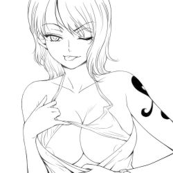 Rule 34 | 1girl, bra, bra lift, breasts, cleavage, greyscale, hairu, lingerie, lowres, monochrome, nami (one piece), naughty face, one eye closed, one piece, short hair, solo, tattoo, tongue, underwear, wink