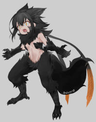 Rule 34 | 1girl, black hair, constricted pupils, fang, fur, long hair, nyifu, open mouth, orange eyes, original, simple background, solo, tail