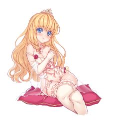 Rule 34 | 10s, 1girl, :t, amagi brilliant park, babydoll, bare shoulders, blonde hair, blue eyes, blush, bottomless, covering privates, covering chest, elbow gloves, fiodo, gloves, highres, jewelry, latifa fleuranza, long hair, necklace, no panties, pout, simple background, sitting, solo, thighhighs, tiara, very long hair, white babydoll, white background, white gloves, white thighhighs