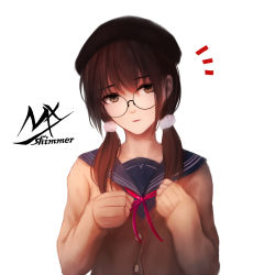 Rule 34 | 1girl, artist name, beret, black-framed eyewear, black hat, blue sailor collar, brown cardigan, brown eyes, brown hair, cardigan, hair between eyes, hat, head tilt, long hair, long sleeves, looking at viewer, low twintails, neck ribbon, notice lines, original, red ribbon, ribbon, round eyewear, sailor collar, shimmer, simple background, sleeves past wrists, solo, twintails, white background