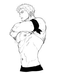 Rule 34 | 1boy, abs, bandana around arm, bara, bare pectorals, clothes lift, cropped legs, earrings, greyscale, jewelry, large pectorals, lifting own clothes, lineart, looking at viewer, male focus, monochrome, muscular, muscular male, navel, nok (nok 1), one piece, parted lips, pectorals, puffy nipples, roronoa zoro, scar, scar on chest, shirt lift, short hair, sideburns, single earring, solo, undressing
