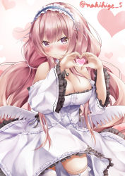 Rule 34 | 1girl, absurdres, azur lane, bare shoulders, blush, breasts, cleavage, commentary request, detached sleeves, dress, hair between eyes, hairband, head tilt, heart, heart background, heart hands, highres, large breasts, lolita hairband, long hair, looking at viewer, low twintails, makihige, perseus (azur lane), pink eyes, pink hair, sidelocks, solo, twintails, white dress, wide sleeves
