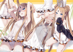 Rule 34 | 1girl, abigail williams (fate), abigail williams (swimsuit foreigner) (fate), abigail williams (swimsuit foreigner) (second ascension) (fate), armpits, arms behind head, arms up, ass, back, bare shoulders, black bow, black jacket, blonde hair, blue eyes, bow, braid, braided bun, breasts, closed eyes, double bun, dress swimsuit, fate/grand order, fate (series), forehead, hair bun, hat, jacket, keyhole, long hair, mitre, multiple bows, multiple views, natsume eri, off shoulder, one-piece swimsuit, open clothes, open jacket, open mouth, orange bow, parted bangs, sidelocks, sitting, small breasts, smile, swimsuit, thighs, twintails, very long hair, wading, wariza, wet, white headwear, white one-piece swimsuit