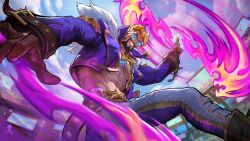 Rule 34 | 1boy, beard, blonde hair, blurry, blurry background, brown gloves, draven, facial hair, from below, fur-trimmed jacket, fur trim, gloves, grin, highres, index finger raised, jacket, jewelry, league of legends, league of legends: wild rift, long sleeves, muscular, muscular male, necklace, official alternate costume, official art, outdoors, pants, pink pants, purple jacket, shoes, smile, solo, soul fighter draven, stadium, star (symbol), sunglasses, teeth, whirligig, white pants