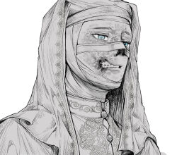 Rule 34 | 1boy, bandaged head, bandages, blue eyes, commentary, crosshatching, greyscale, hatching (texture), head scarf, king baldwin iv, kingdom of heaven, kulissara-aung, leprosy, male focus, monochrome, portrait, scar, scar on face, solo, spot color