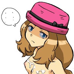 Rule 34 | ..., 1girl, black ribbon, blue eyes, breasts, brown hair, closed mouth, completely nude, creatures (company), cum, cum on body, cum on breasts, cum on upper body, expressionless, female focus, game freak, gomatarou (pixiv196136), hat, hat ribbon, jaggy lines, long hair, looking at viewer, lowres, nintendo, nipples, nude, pink hat, pokemon, pokemon xy, porkpie hat, ribbon, serena (pokemon), shaded face, sidelocks, simple background, small breasts, solo, speech bubble, spoken ellipsis, upper body, white background