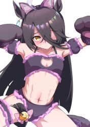 Rule 34 | 1girl, absurdres, ahoge, alternate costume, animal ears, bell, black hair, blush, bra, breasts, cat cutout, cat lingerie, closed mouth, clothing cutout, clothing request, commentary request, earrings, fake animal ears, feet out of frame, fur-trimmed bra, fur-trimmed panties, fur trim, highres, horse ears, horse girl, horse tail, jewelry, long hair, manhattan cafe (umamusume), meme attire, multicolored hair, navel, panties, purple armband, purple bra, purple panties, sanami (sanami t 38), simple background, single earring, small breasts, solo, streaked hair, tail, umamusume, underwear, very long hair, white background, white hair, yellow eyes