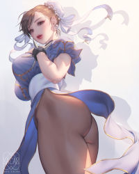 Rule 34 | 1girl, ass, breasts, brown hair, capcom, chun-li, double bun, earrings, hair bun, highres, jewelry, large breasts, leotard, leotard peek, lips, long hair, looking at viewer, looking down, love cacao, pantyhose, parted lips, short hair, solo, spiked gauntlets, street fighter, thick thighs, thighs