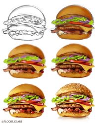 Rule 34 | bacon, bread, burger, cheese, commentary, english commentary, floortjesart, food, food focus, highres, how to, lettuce, original, simple background, still life, white background