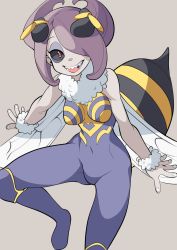 Rule 34 | 1girl, antennae, bee girl, black sclera, breasts, colored sclera, commentary request, cosplay, covered navel, grey background, hair over one eye, highres, arthropod girl, leg up, little witch academia, medium breasts, monster girl, nail polish, open mouth, popopo, purple hair, q-bee, q-bee (cosplay), red eyes, sharp teeth, short hair, simple background, smile, solo, sucy manbavaran, teeth, vampire (game), white nails, wings
