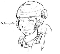 Rule 34 | 1girl, drawfag, freckles, greyscale, halo: reach, halo (game), halo (series), helmet, military, monochrome, simple background, sketch, white background