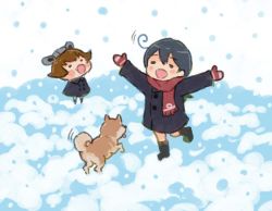 Rule 34 | 2girls, ahoge, arms up, black hair, blush stickers, boots, brown hair, coat, commentary request, dog, closed eyes, full body, headgear, kantai collection, long hair, long sleeves, mittens, multiple girls, open mouth, saiguchi otoufu, scarf, short hair, smile, snow, snowing, standing, ushio (kancolle), winter clothes, winter coat, yukikaze (kancolle)