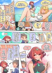 Rule 34 | absurdres, black one-piece swimsuit, blonde hair, breasts, chest jewel, comic, competition swimsuit, covered collarbone, english text, gem, headpiece, highres, large breasts, long hair, mythra (radiant beach) (xenoblade), mythra (xenoblade), one-piece swimsuit, osora (judithandlilith), pyra (pro swimmer) (xenoblade), pyra (xenoblade), red hair, red one-piece swimsuit, rex (xenoblade), ribbed swimsuit, strapless, strapless one-piece swimsuit, striped clothes, striped one-piece swimsuit, swept bangs, swimsuit, tiara, tora (xenoblade 2), two-tone swimsuit, vertical-striped clothes, vertical-striped one-piece swimsuit, very long hair, white one-piece swimsuit, xenoblade chronicles (series), xenoblade chronicles 2, yellow eyes