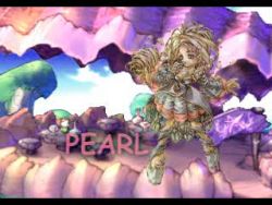 Rule 34 | 1girl, artist request, blonde hair, character name, full body, green eyes, hair rings, lady pearl, legend of mana, letterboxed, long hair, lowres, rock, seiken densetsu, solo, table