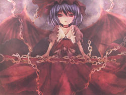 Rule 34 | 1girl, blue hair, chain, female focus, hat, non (nobu), red eyes, remilia scarlet, solo, touhou, wings