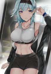 Rule 34 | 1girl, abs, bare shoulders, black jacket, black shorts, blue hair, breasts, character name, cowboy shot, eula (genshin impact), genshin impact, gym shorts, gym uniform, hairband, hand up, highres, jacket, large breasts, long sleeves, looking at viewer, micchan (micchanmeido), midriff, navel, off shoulder, open clothes, open jacket, parted lips, short shorts, shorts, solo, sports bra, sportswear, sweat, yellow eyes