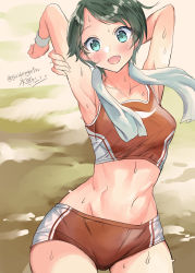 Rule 34 | 1girl, aqua eyes, arms up, black hair, blush, breasts, highres, kantai collection, medium breasts, mizuta kenji, mogami (kancolle), open mouth, short hair, shorts, signature, simple background, solo, sportswear, sweat, tomboy, towel, towel around neck, twitter username, wide hips