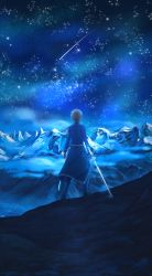 Rule 34 | 1boy, back, blonde hair, blue coat, blue pants, blue rose sword, coat, eugeo, fcc (fengcheche), highres, holding, holding sword, holding weapon, landscape, long coat, male focus, mountain, night, night sky, outdoors, pants, scenery, short hair, sky, solo, star (sky), starry sky, sword, sword art online, sword art online: alicization, weapon