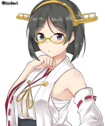 Rule 34 | 1girl, absurdres, bare shoulders, black hair, blue eyes, blush, breasts, closed mouth, detached sleeves, glasses, green-framed eyewear, hand on own chin, headgear, highres, kantai collection, kirishima (kancolle), kirishima kai ni (kancolle), kiritto, looking at viewer, medium breasts, nontraditional miko, short hair, simple background, solo, twitter username, white background